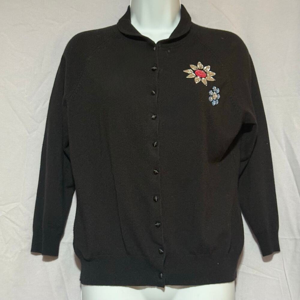 Vintage 90s Black Cardigan Sweater Floral Jeweled Rhinestones 3/4 Sleeves MED